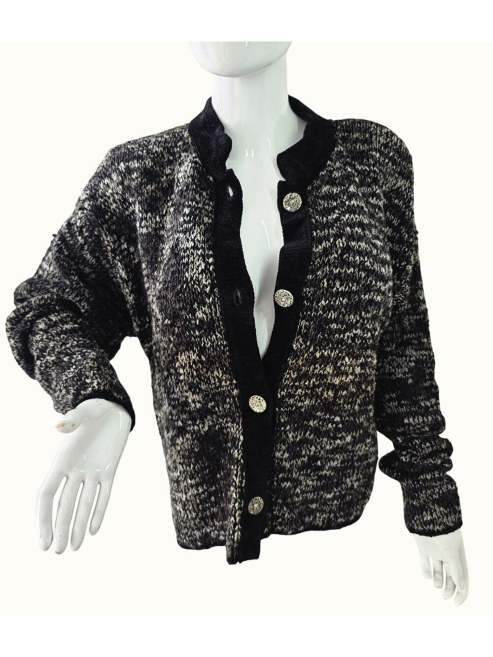 Vintage 90s St Louis NWT Rayon Knit Cardigan Womens L Black Tweedy Metal Buttons
